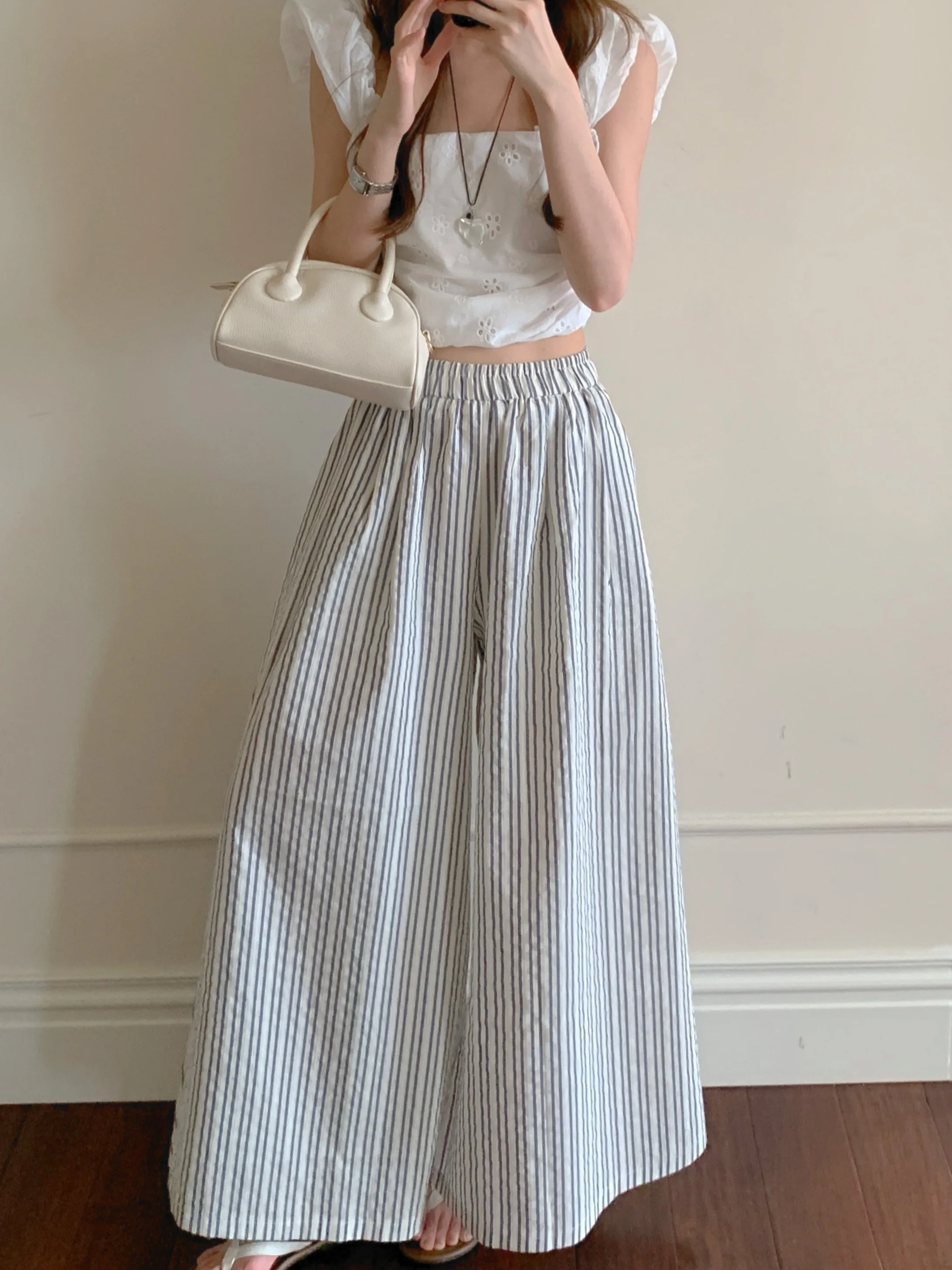 Calças de Cintura Alta tradas de Perna Larga Fenas Casuais Corte Reto Crimento até o Chão Moda Verão Novo Estilo Co...