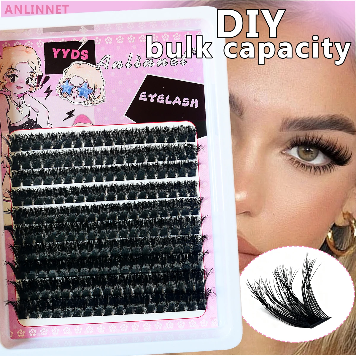 10 Rows of 180 Clusters 9-15mm Large Capacity Naturally Extending Fluffy and Dense Mixed Version DIY Eyelashes Makeup