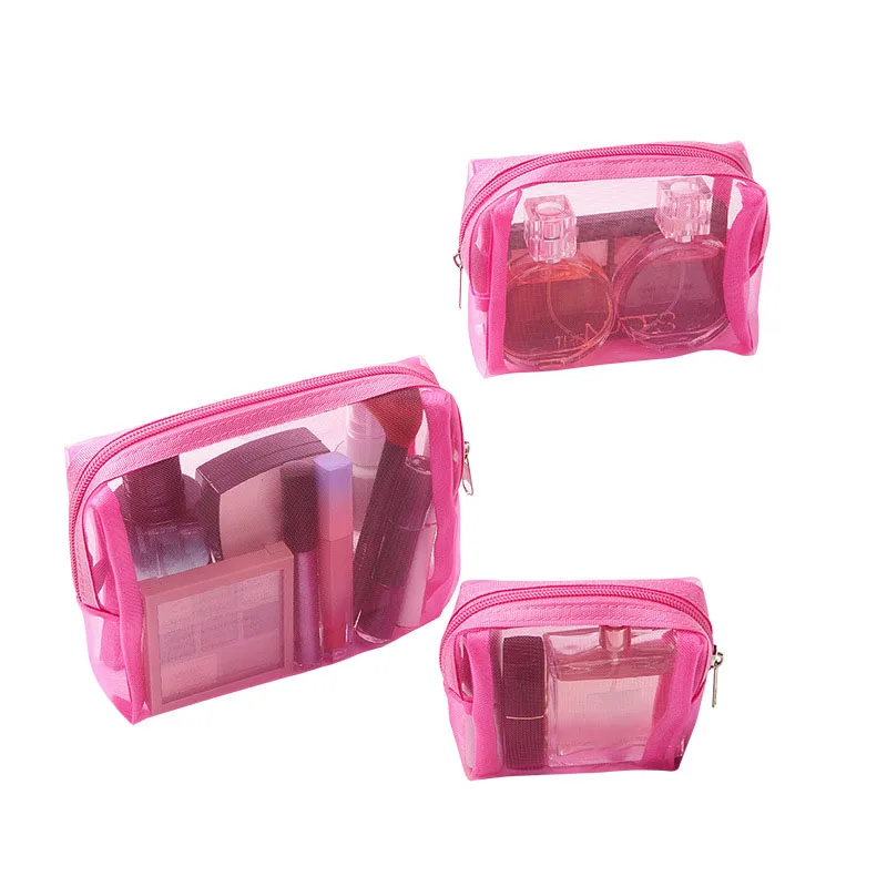 3Pcs/Set Travel Rose Mesh Cosmetic Bag Zipper Makeup Bag For Women Wash Toiletry Bag Makeup Organizer Portable Storage Pouch