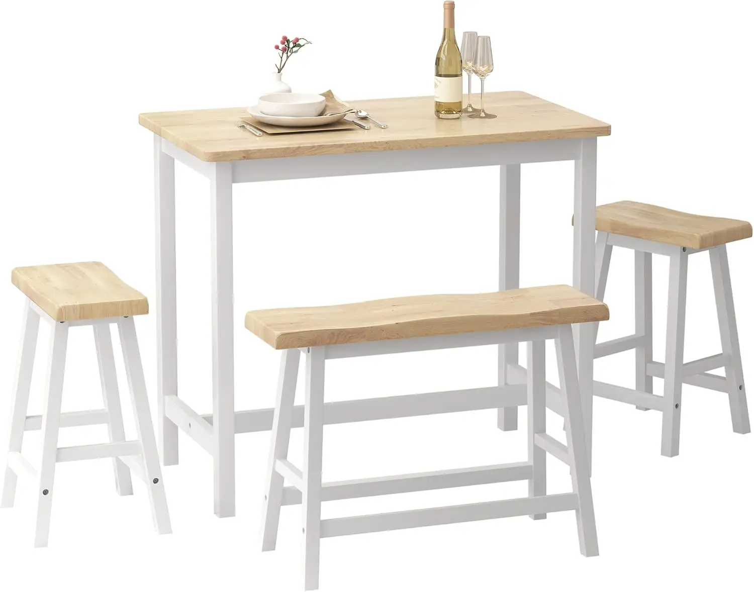 Table Set for 4 All Rubber Wood Kitchen Bistro Counter Height Table Bench Stool for Dining Room Small Space Natural Color & Whit