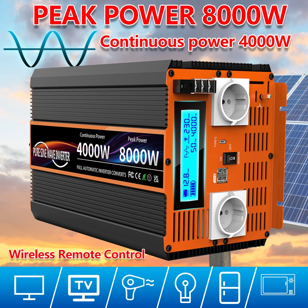 

Pure Sine Wave 8000w Inverter 12v 220 Voltage transformer converter LED display solar inverters dual socket EU DC/AC Inverters