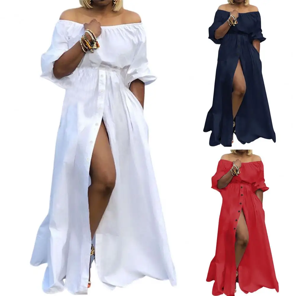 Women Party Cocktai Evening Dress Elegant Off Shoulder 2024 Spring Sexy Strapless High Split Robe Lantern Sleeve Dress