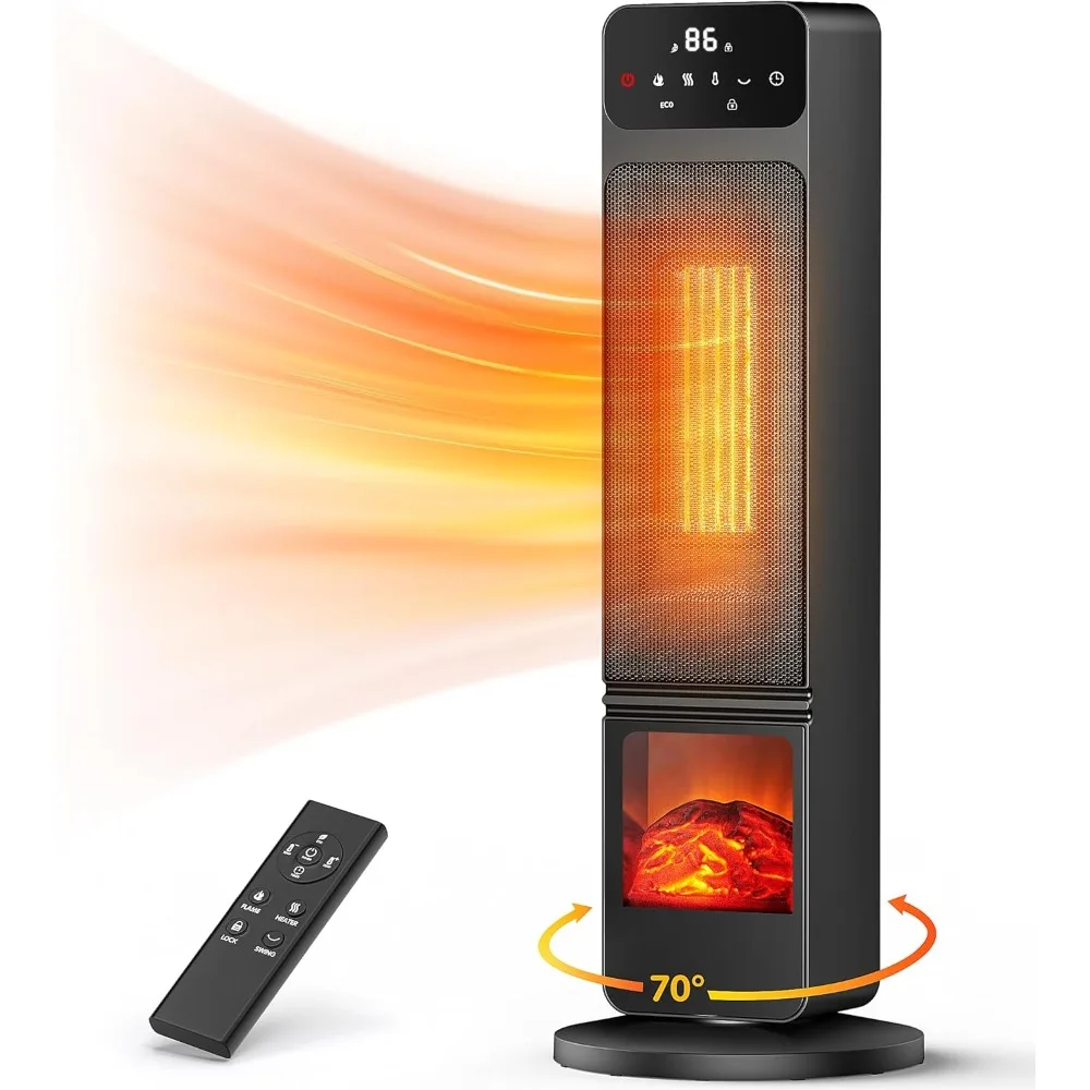 1500W electric fireplace heater, indoor portable, with child lock and ECO mode, 3D flame, 12H timer, 70 ° oscillation