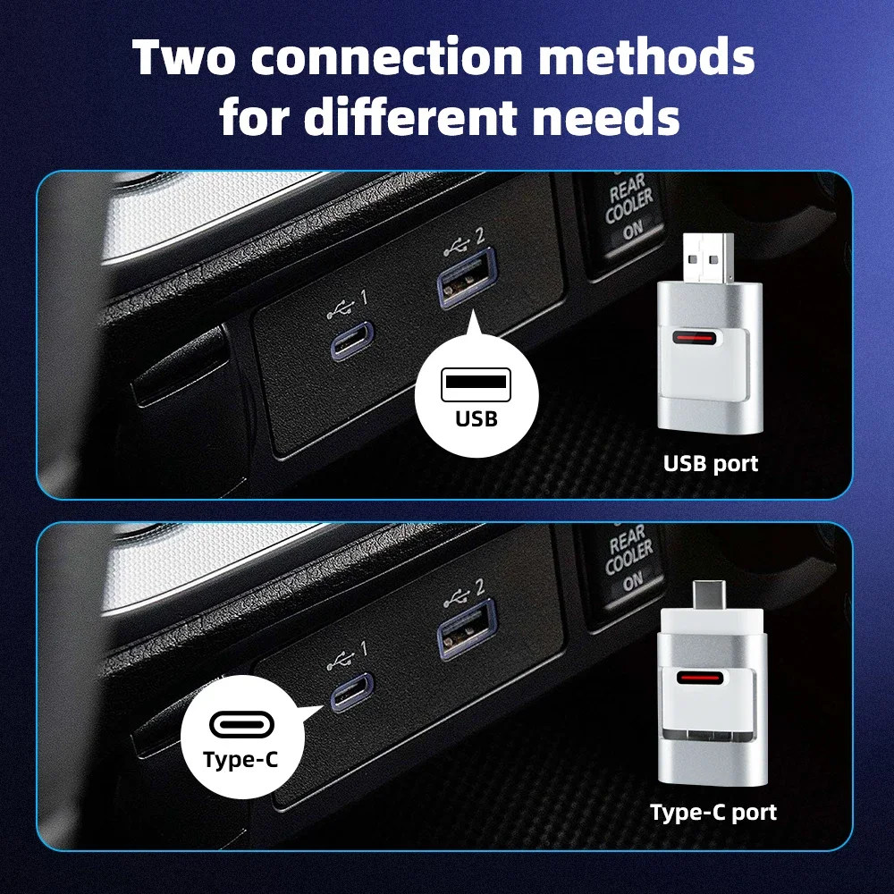 Adattatore CarPlay wireless 2 in 1 2025 |   USB/Tipo C a doppia porta |   Connessione più veloce |   BT 5.2 + 5GHz WiFi |   Aggiornamento automatico OTA