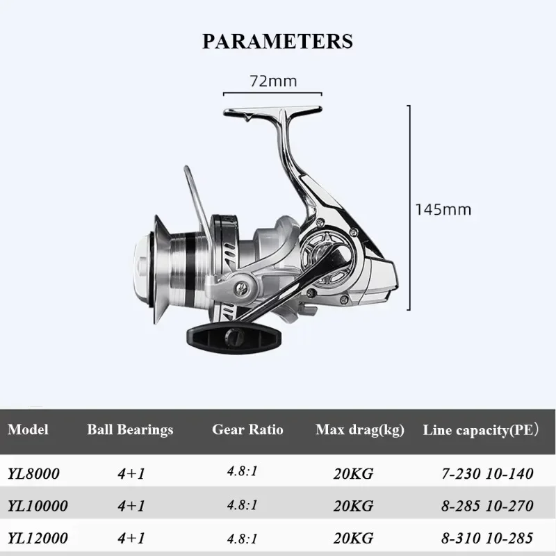 angle Wholesale 4.8:1 20KG max drag 10000/12000 series spinning wheel fishing reel full metal spool for saltwater spinning