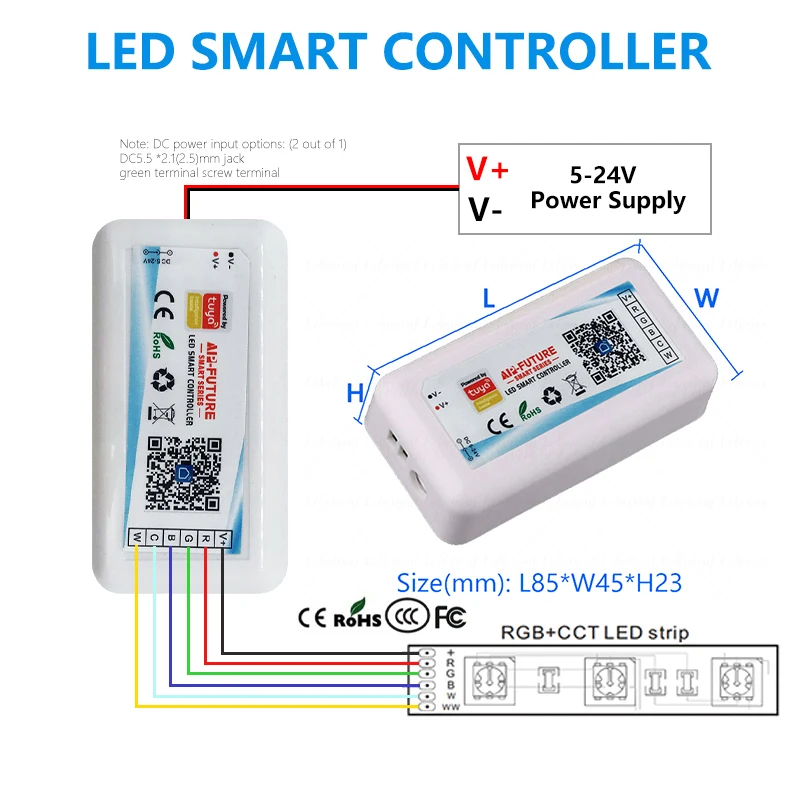 Smart Voice Led Controller per Dc5-24v Rgbwc Rgbcct 5 In1 Light Strip Tape Wifi Tuya 5 canali 18a e 2.4ghz Rf Full Touch Remote