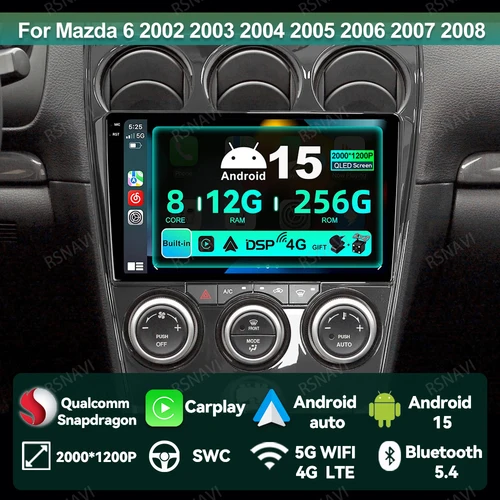 マツダ6 2002 2003 2004 2005 2006 2007 2008用 Android 15 カーラジオ、4G LTE ワイヤレスCarplay対応、クアルコム5G WIFI搭載ビデオプレーヤー