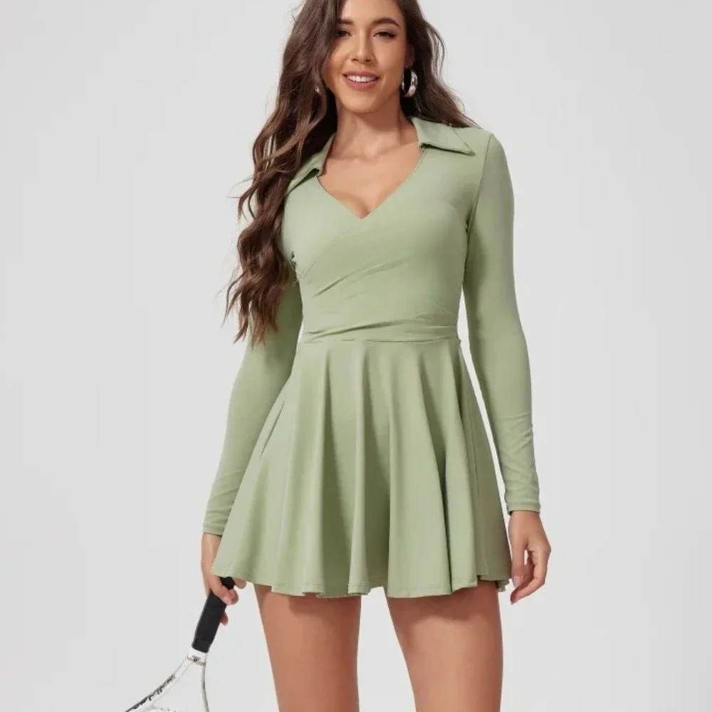 

Sexy Turn-down V-Neck Sports Dress Hightight Golf Tennis Mini Dress Gym Yoga One Piece Jumpsuit With Shorts Athletic Rompers