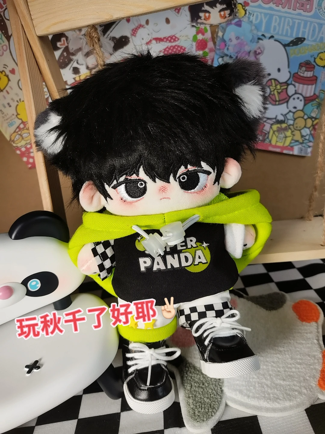 Handgemaakte Schattige Super Panda Knappe Jongen Hoodies Shorts Pak 20Cm Pluche Gevulde Pop Cross Accessoires Kleding Outfit Cosplay Cadeau