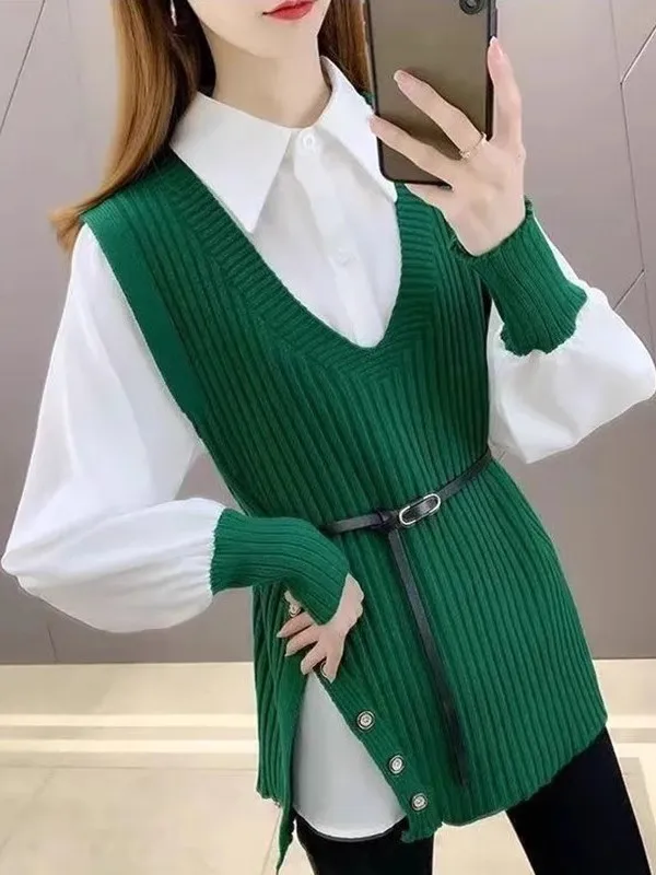 

Весенне-осенний однотонный вязаный жилет с V-образным вырезом и комплект из двух предметов: свободный модный комплект для многослойного ношения, для повседневной носки