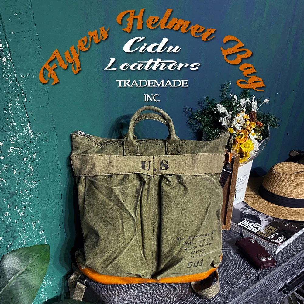 Tailor Brando Y-3 Super Thick Vegetable Tanned Cowhide&Oil Wax Canvas Size 40*40*10cm Helmet Bag Portable Backpack