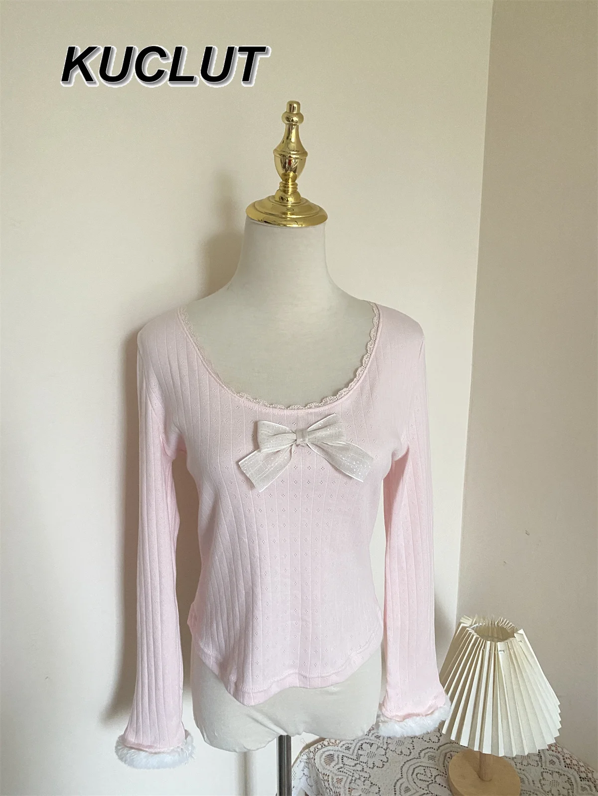 

Pink Lace Long Sleeve T-Shirt for Women Slim Fit Elegant Spring Autumn Cotton Tops for Women Fashion Crew Neck Tees Femme