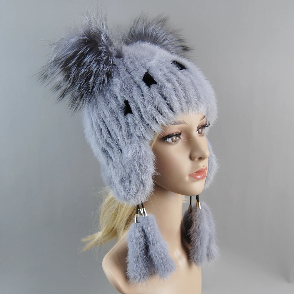 2024 New Style Real Mink Fur Hats For Women Natural Mink Fur Tails Earflap Winter Bomber Hat Women Real Fur Knitted Beanie Hats