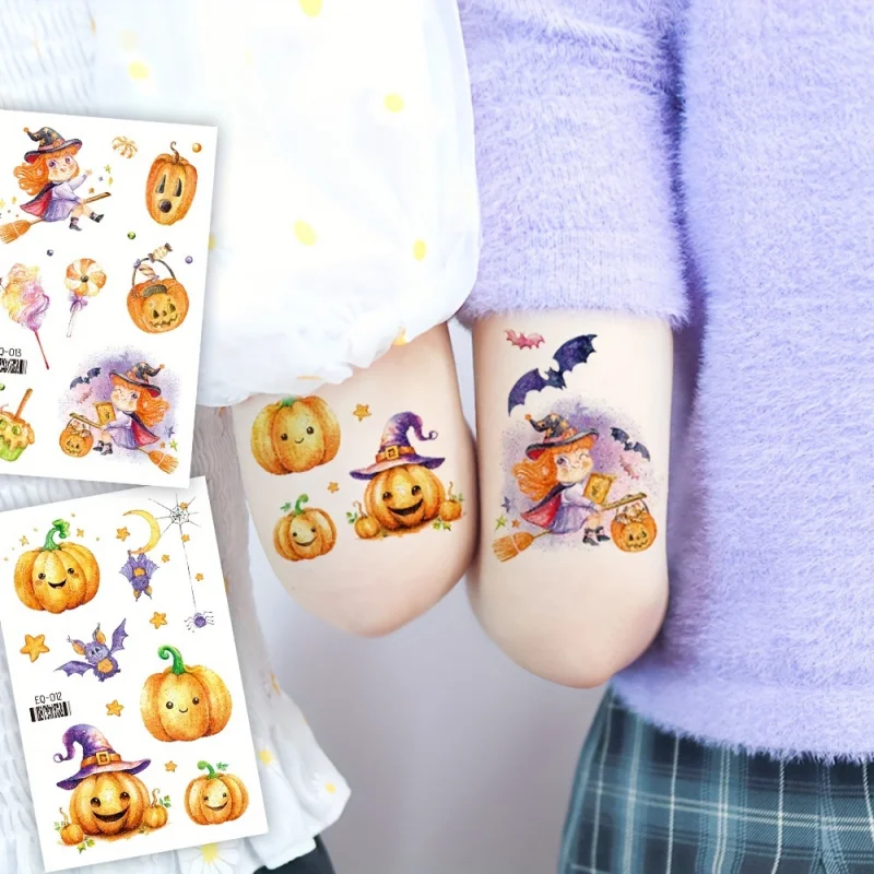 12-Piece Glittery Halloween Temporary Tattoo Set - Cartoon Witch, Pumpkin and Girls Party. Gift Decoration, Lasts 2-5 Days