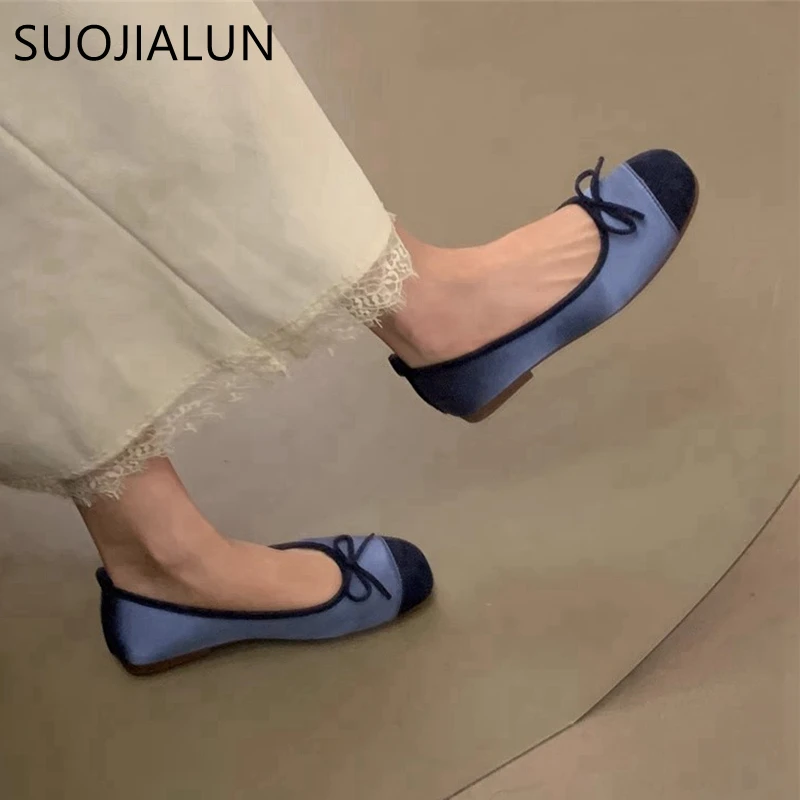 SUOJIALUN 2025 New Spring Women Flat Shoes Fashion Round Toe Shallow Slip On Ladies Ballet Shoes Soft Leather Eelgant Boat Shoes