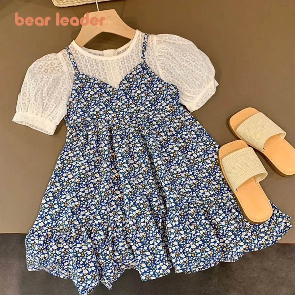 Bear Leader Girls Floral Dresses 2023 Summer New Children\'s Rustic French Chiffon Floral Fake Two Pieces Halter Dress