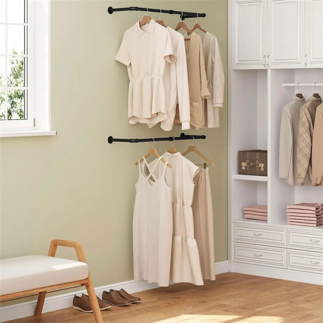 Wall Hanging Clothes Rail Set of 2 Industrial Pipe Metal Coat Hanging Rack Wall Mounted image 3