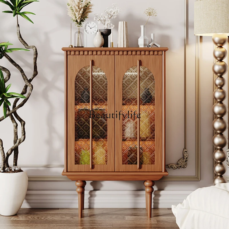 

French Vintage Style Sideboard Cabinet Solid Wood Glass Induction Lamp Display Wine Cabinet