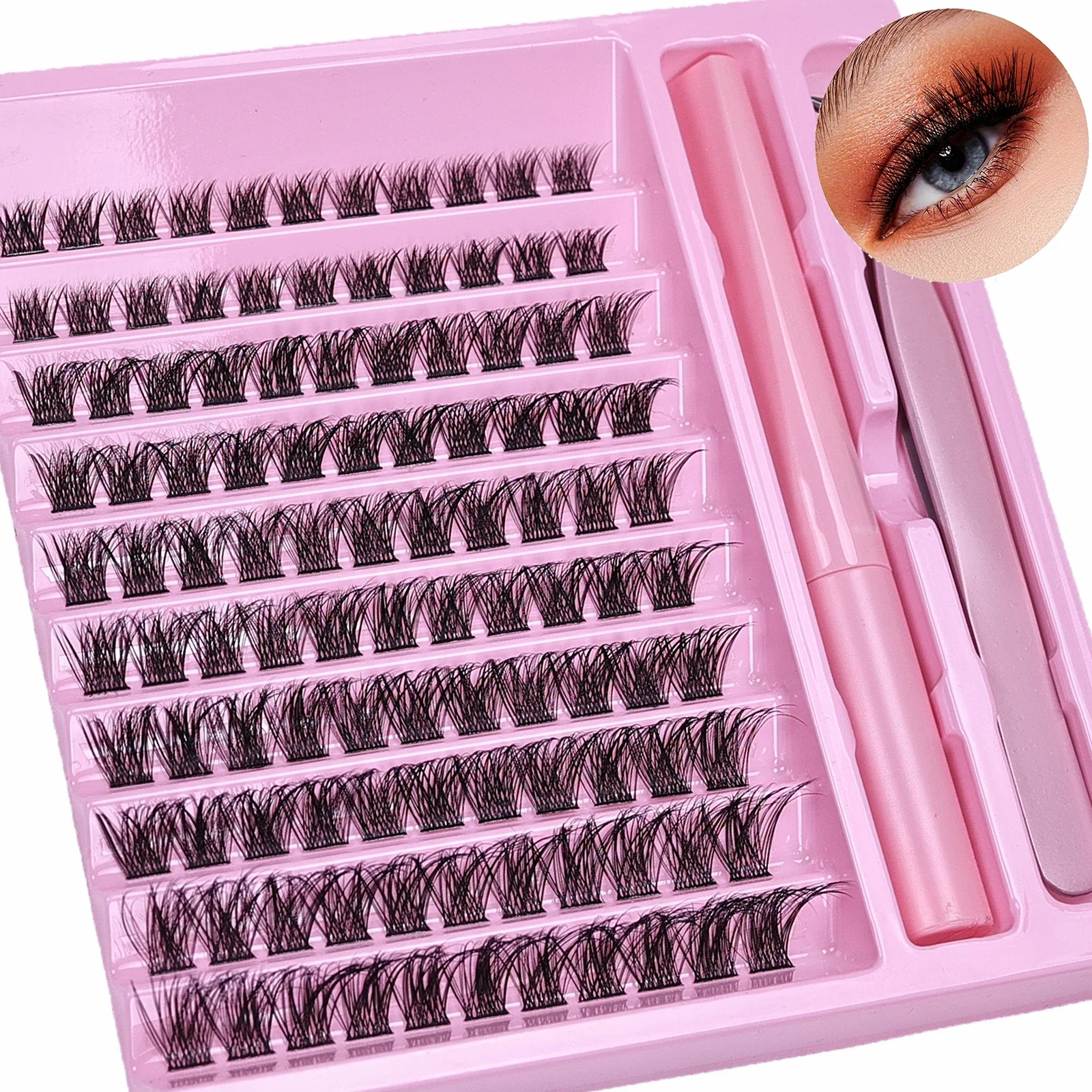 DIY Wimpernverlängerungs-Set: 110 Wimpernbüschel mit Kleber, Wispy D-Curl Falsche Wimpernbüschel mit Pinzette