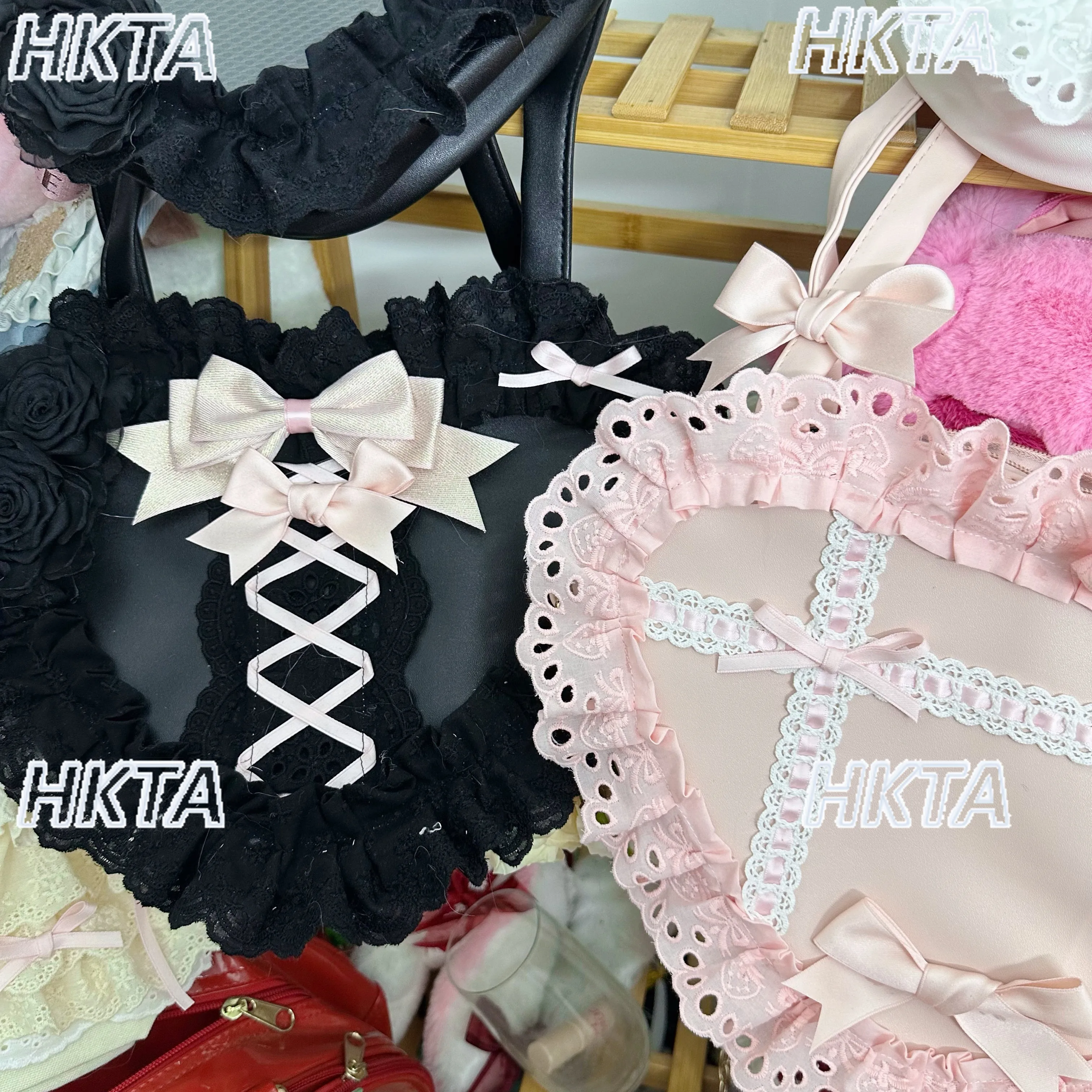 Japanese Style Element Heart-shaped Lolita Bag Women's Cute Sweet Girl Bow Lace Ruffled Edge Pain Bag Shoulder Bags Backpack