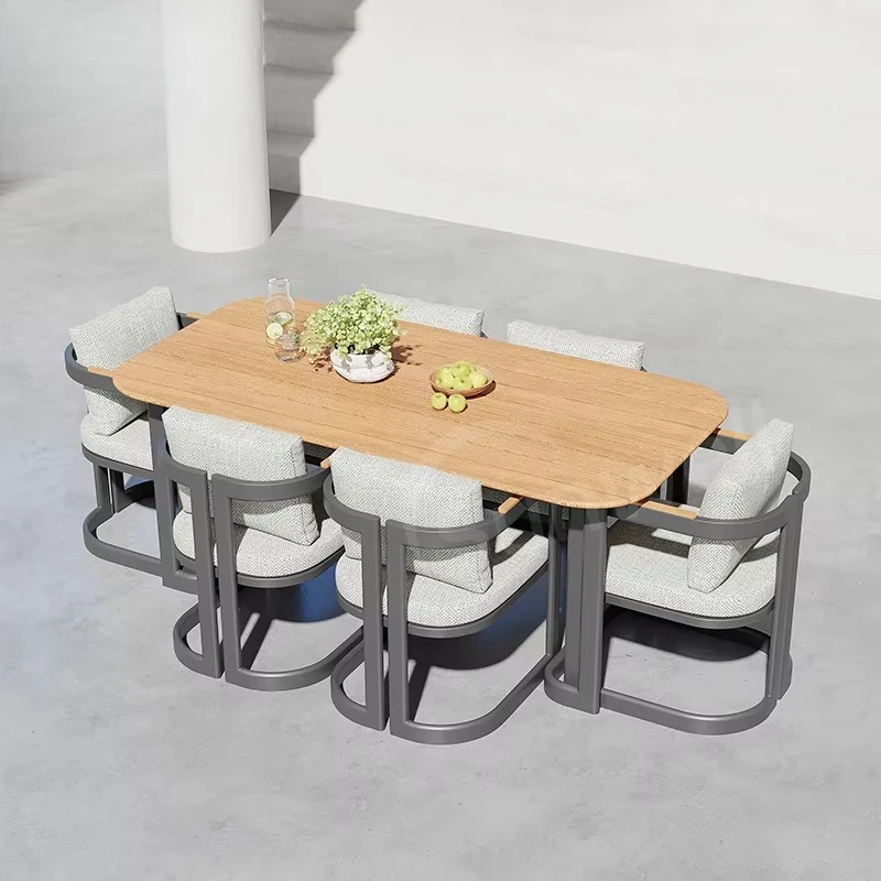 Contemporary 6 Piece Outdoor Dining Table Bistro Chair Set Modern Style Aluminum Teak Table and Chairs for Hotel Project view 2