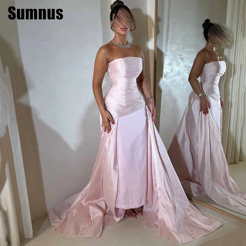 

Sumnus Simple Pink Mermaid Evening Dress Strapless Pleats Ankle-Length Sleeveless Prom Dresses فساتين سهرة Customized