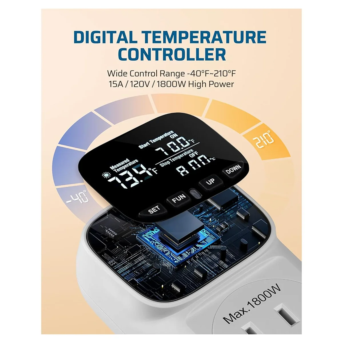 Controlador de Temperatura Digital para Incubadora, Termostato Tomada, Tempo e Contagem Regressiva, Plug EUA,-40 Graus-210 Graus, 15A, 1800W