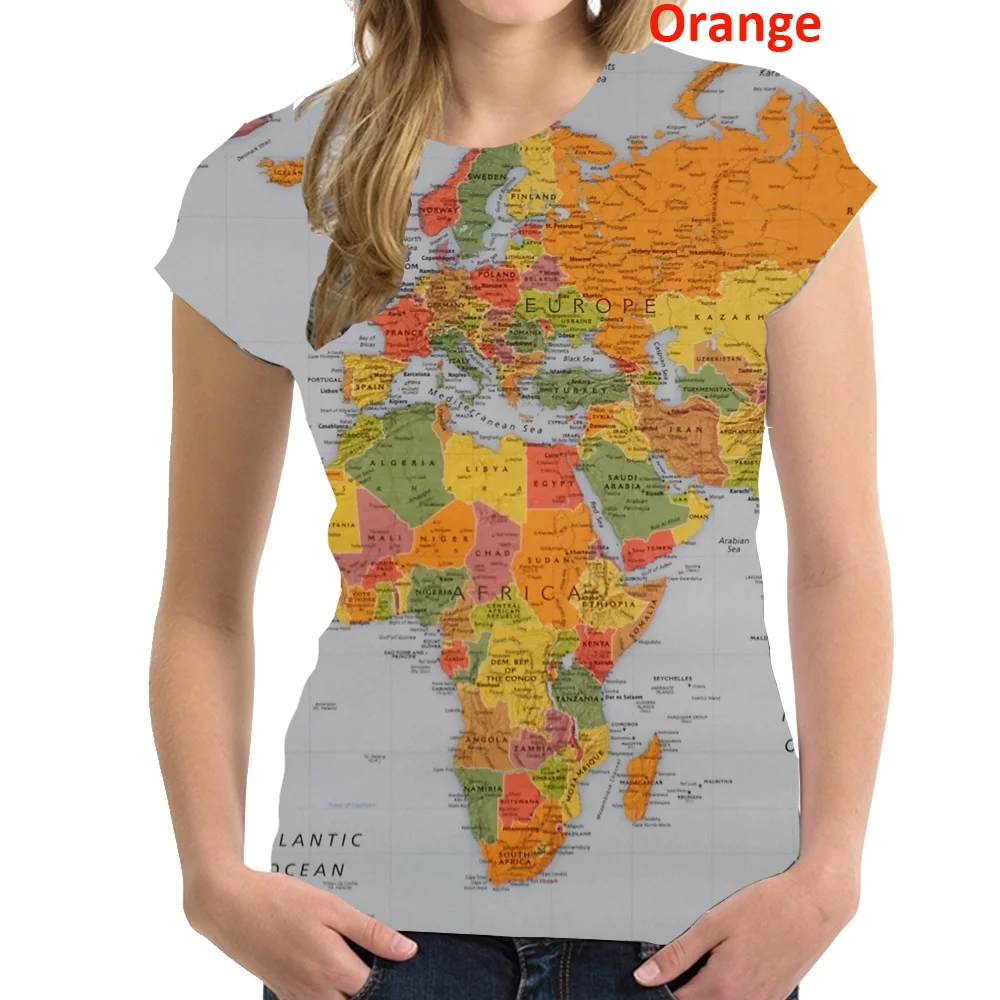 Women Fashion World Map 3d Printing T-shirt Funny Summer Tops Women\'s Short Sleeved Novelty T Shirt Round Neck Casual Blouse