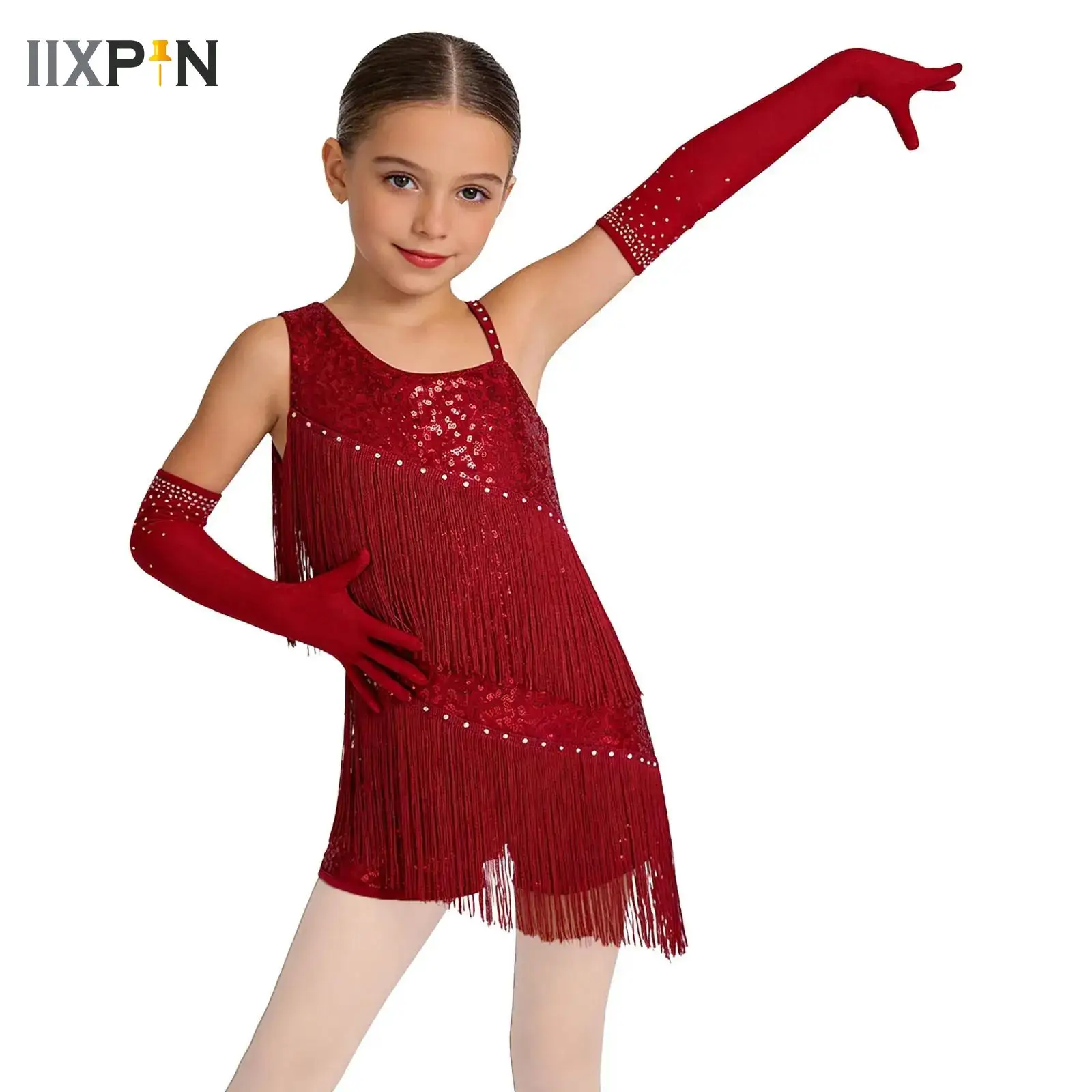 

Kids Girls Sequins Latin Dance Dress 1920s Ballroom Salsa Tango Cha Cha Rumba Samba Dancewear Tassel Leotard with Gloves Set