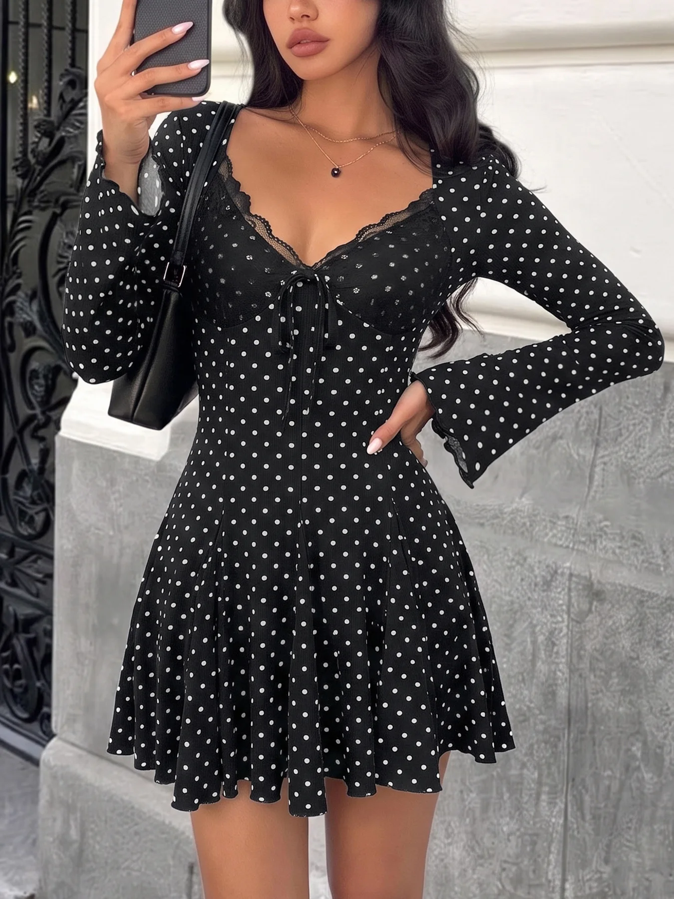 2026 Autumn New Polka Dot Lace Patchwork Black Dress Women Elegant V-neck A-lline Long Sleeve Mini Dress Ladies Chic Party Dress