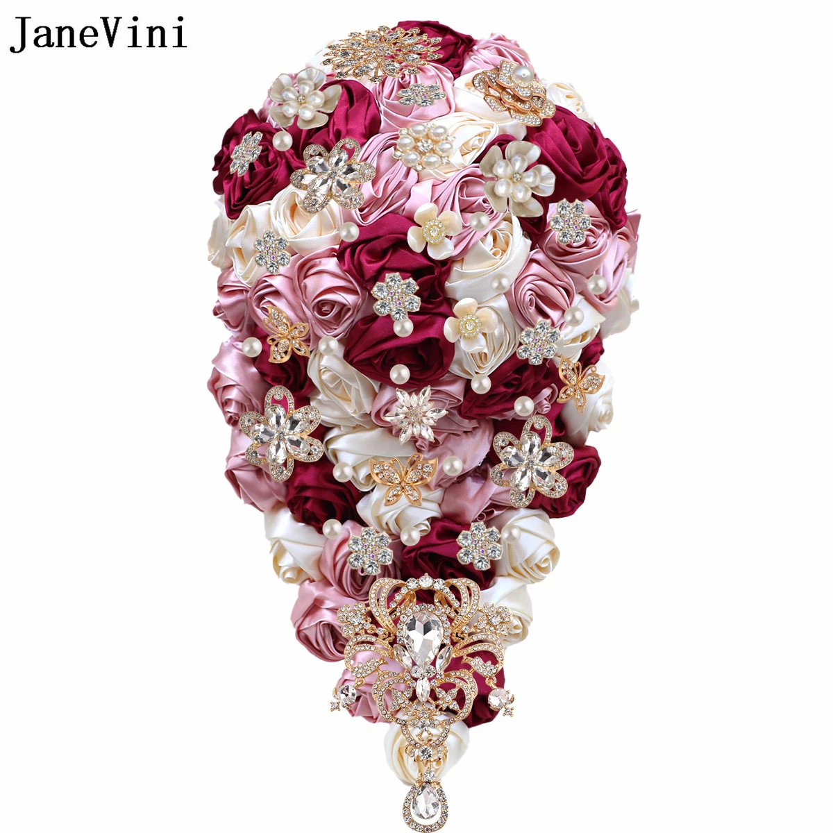 JaneVini European Dark Red Cascading Flowers Crystal Waterfall Bridal Bouquets Artificial Satin Roses Pearl Wedding Fake Bouquet