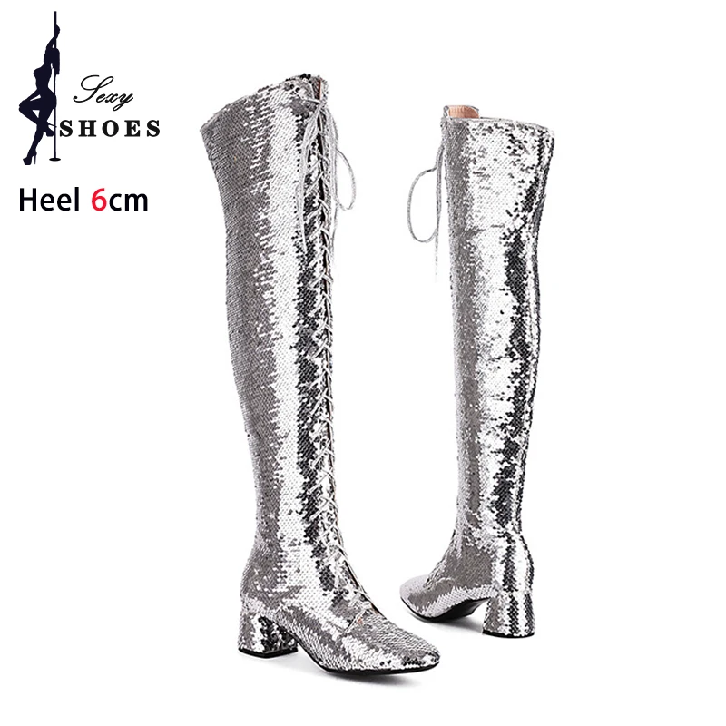 

Glitter Bling Boots Women Over the knee Chunk High Heels Zipper Lace-Up Runway Lady Shoes Large Size Thigh High Boots Size 46