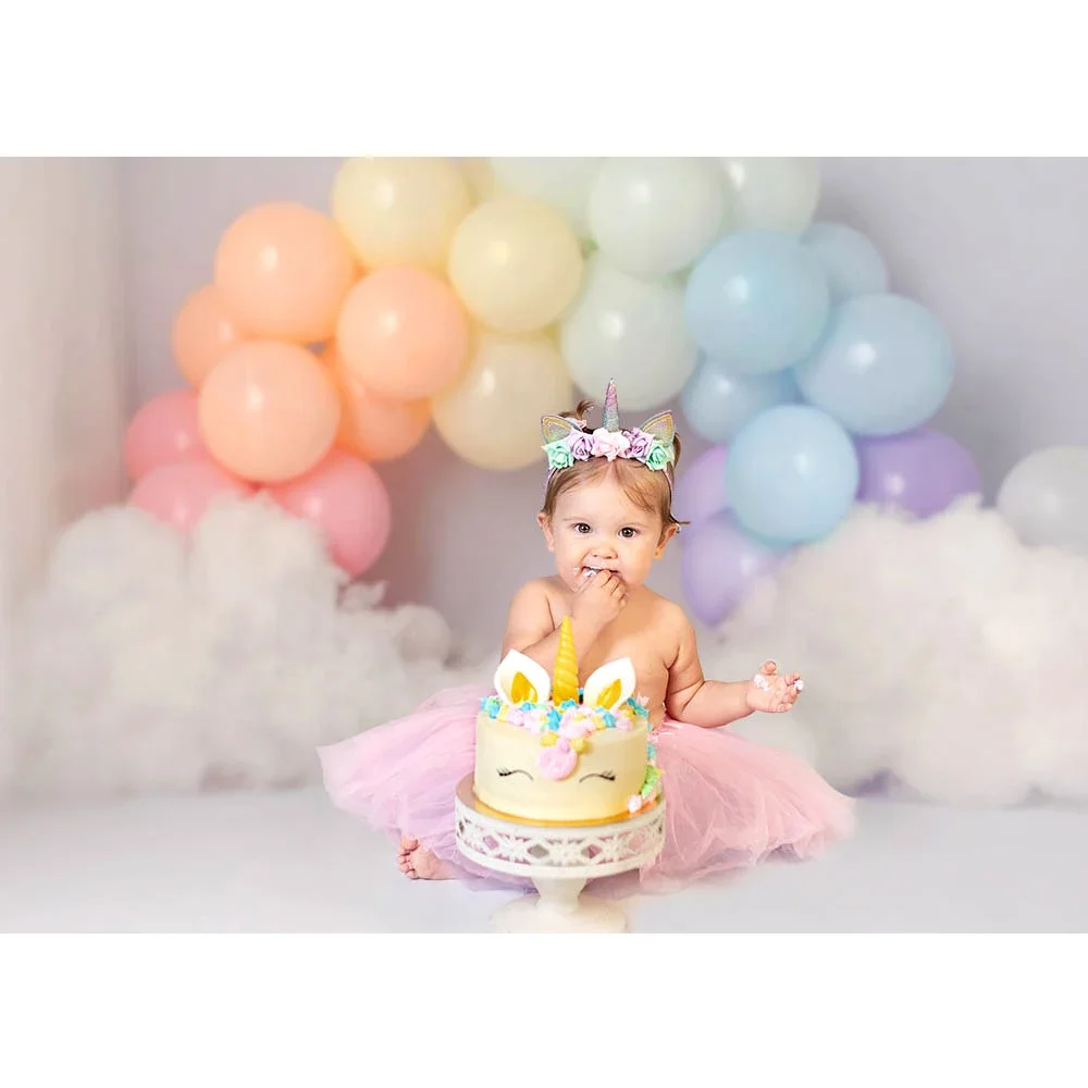 Fondo con temática de globos coloridos para bebé, retrato de niño, pastel Smash, fondo de 1er cumpleaños, decoración de nubes blancas para estudio fotográfico