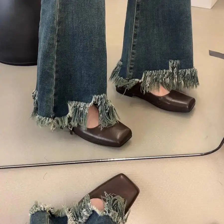 

Women Flat Shoes 2025 Spring New Women's French Square Toe Low Cut Flats Korean Style Elegant Fairy Soft Soled Mary Jane Shoes