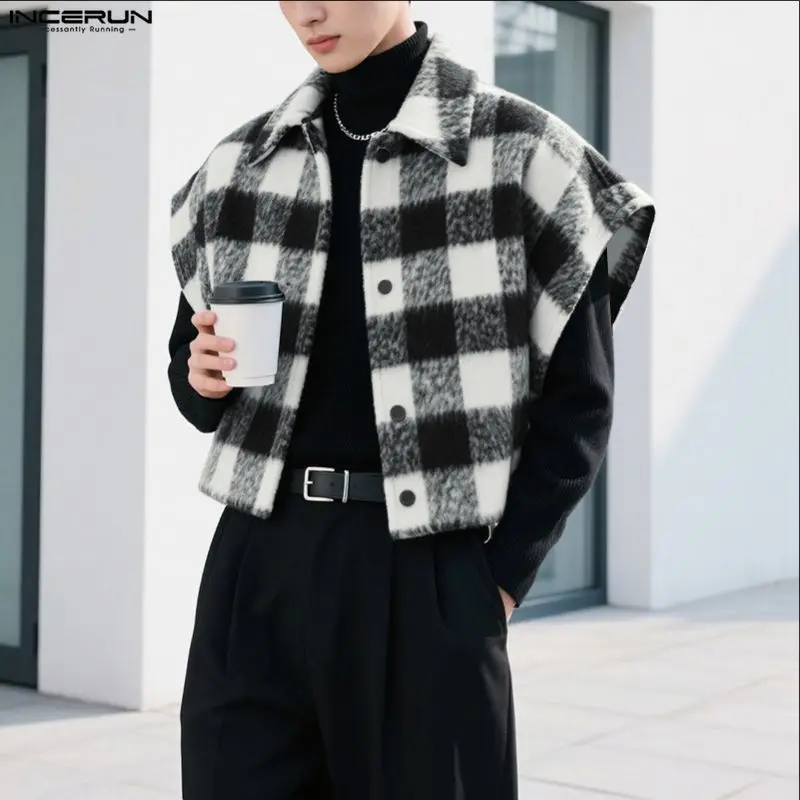

INCERUN Men Vests Plaid Lapel Sleeveless Casual Male Waistcoats Streetwear 2025 Korean Style Plush Fleece Fashion Crop Vests Men