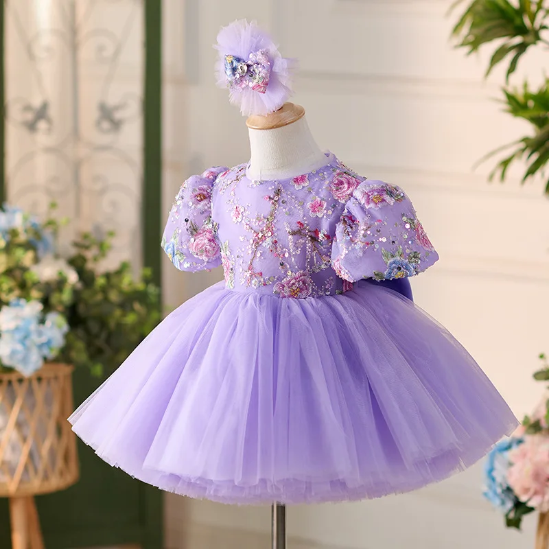 Hochwertiges, flauschiges Prinzessinnenkleid mit Schleife für Mädchen, Paillettenstickerei, Baby-Geburtstagskleider, Teenager-Ballkleid, Kinder-Hochzeitskleidung