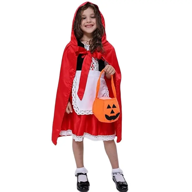 Girls Little Red Riding Hood Costume Dress Up Outfits with Cloak Headband Pumpkin Bag for Halloween Cosplay Costumes