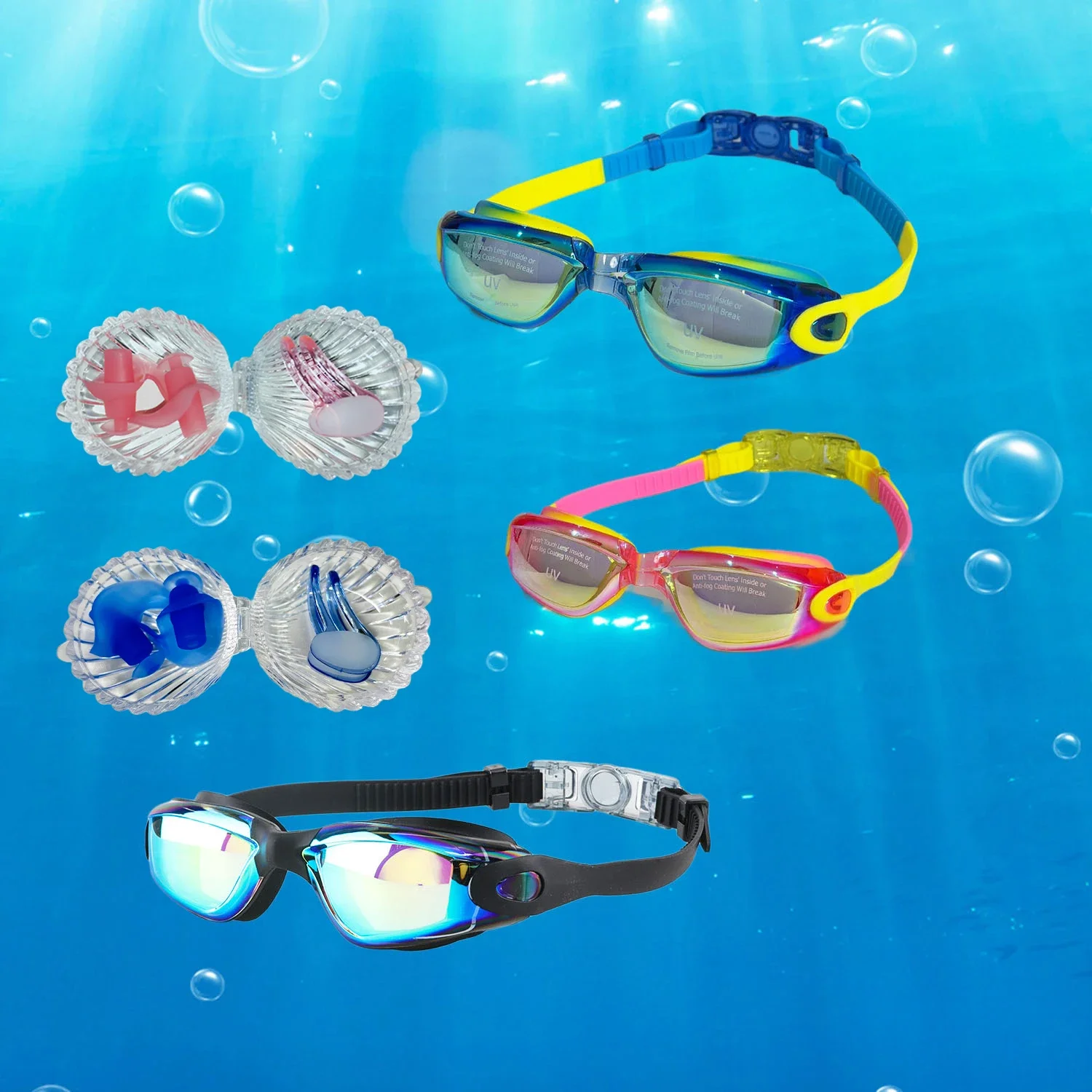 

Kids Swimming Goggles Electroplated Colorful Glasses Big Frame Nose Clip Earplugs Set HD View Anti-fog Waterproof Boys and Girls