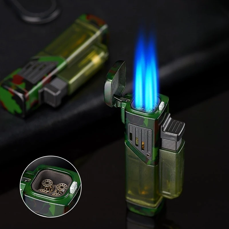 New Four-spray Visible Gas Micro-spray Direct-surge Windproof Blue Flame Lighter Can Cigars Moxibustion Outdoor Barbecue Igniter