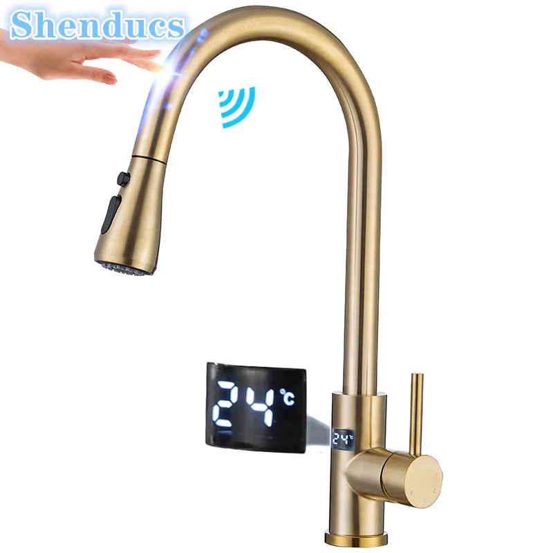 

Сенсорные цифровые кухонные смесители из нержавеющей стали 304, смеситель для кухонной мойки с горячей и холодной водой, Brushe Gold Sensor Touch на кухонных смесителях