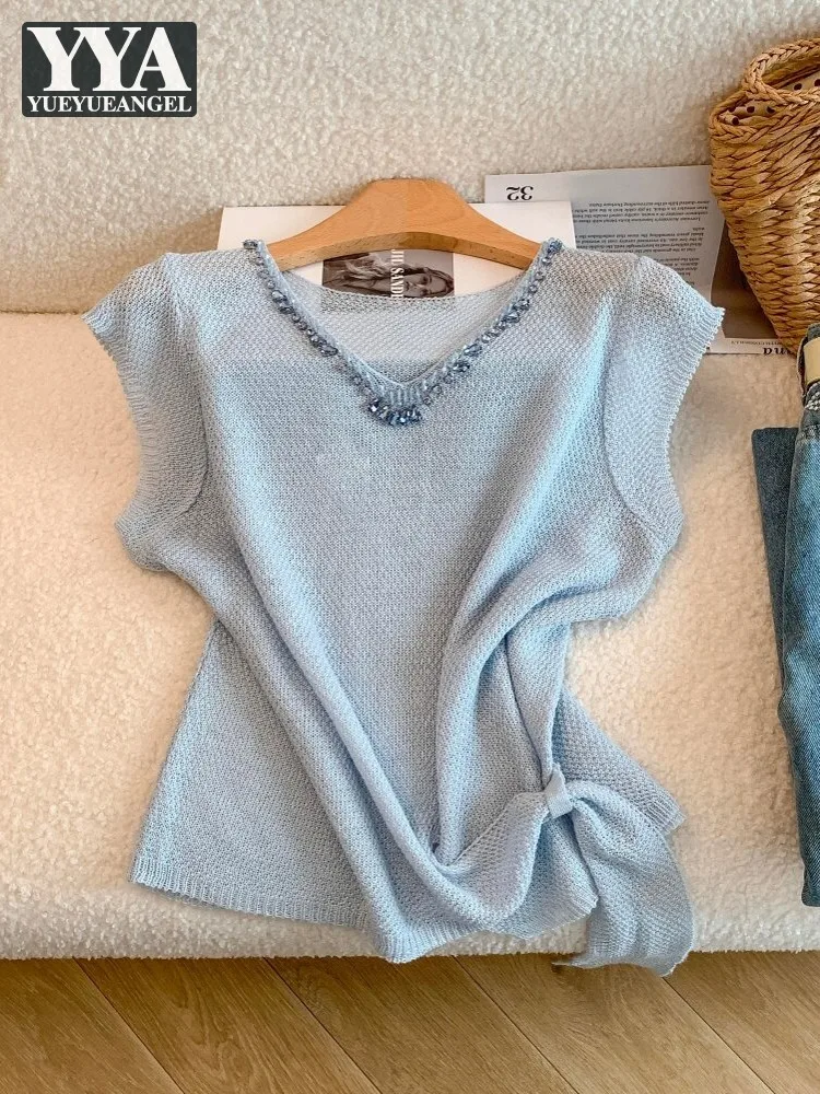 

Summer New Women French Style Beading Linen Knitted T-Shirt V-Neck Fashion Casual Tees Top Sleeveless Female Pullover T-Shirts