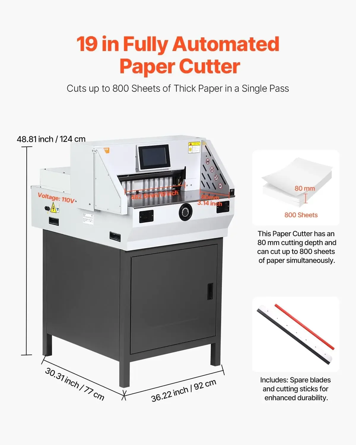 Electric Paper Cutter, Heavy-Duty Trimmer with 19 in (482.6 mm) Cutting Width, 3.14 in (80 mm) Cutting Thickness, Electric Paper