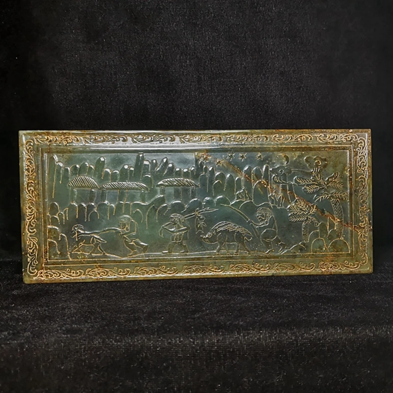 YIZHU CULTUER ART Size 20.8 × 8.9 cm Old China Hetian Jade Carving Hunting Figure Landscape Disc Collection