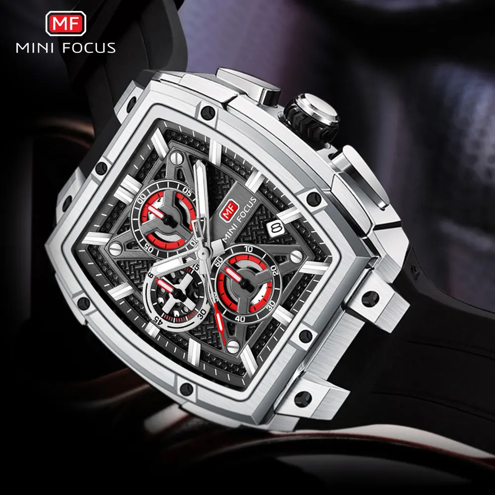 MINI FOCUS Sports Watches for Men Blue Luminous Waterproof Chronograph Quartz Wristwatch with Silicone Strap Tonneau Dial Date