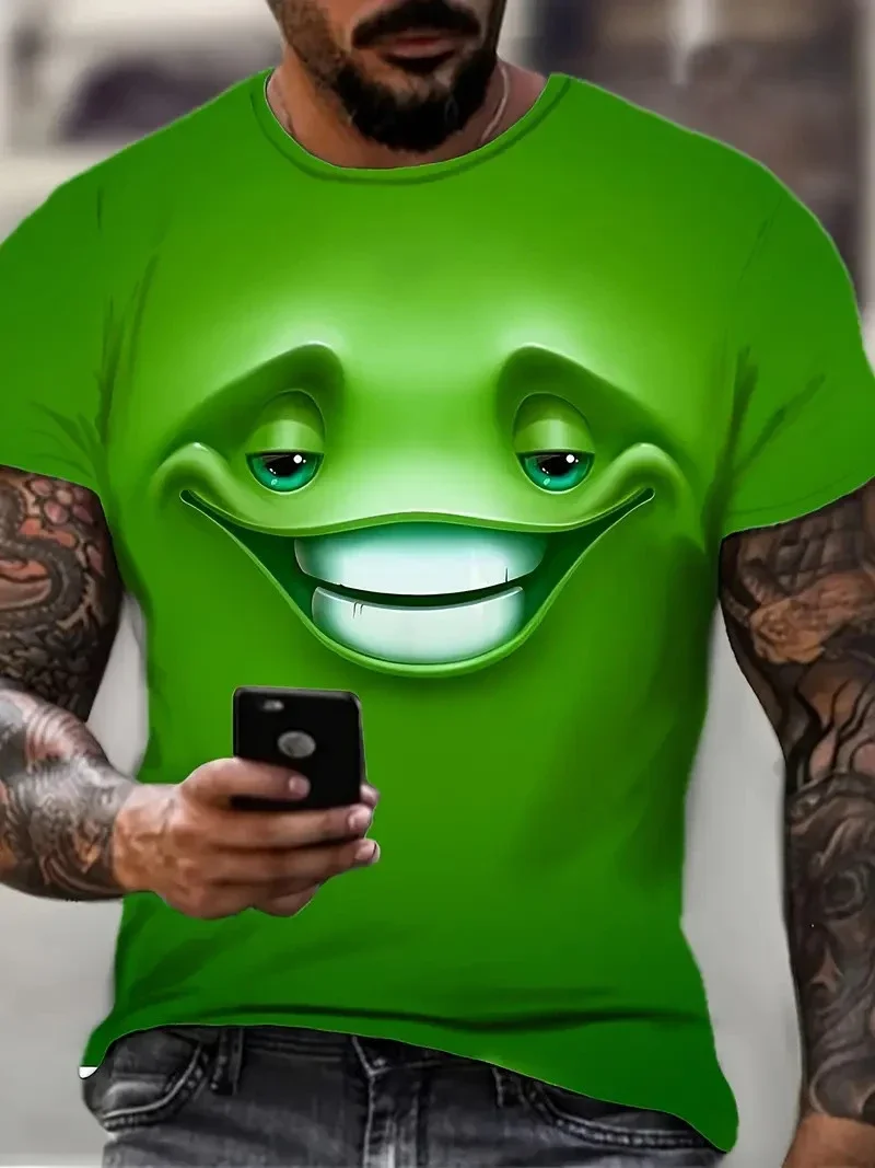 Herren Lustiges Grünes 3D Smiley T-Shirt Humorvolles Cartoon-Grafik-Tee Lässiges Neuartiges Kurzarm-Shirt Coole Streetwear Oberteile