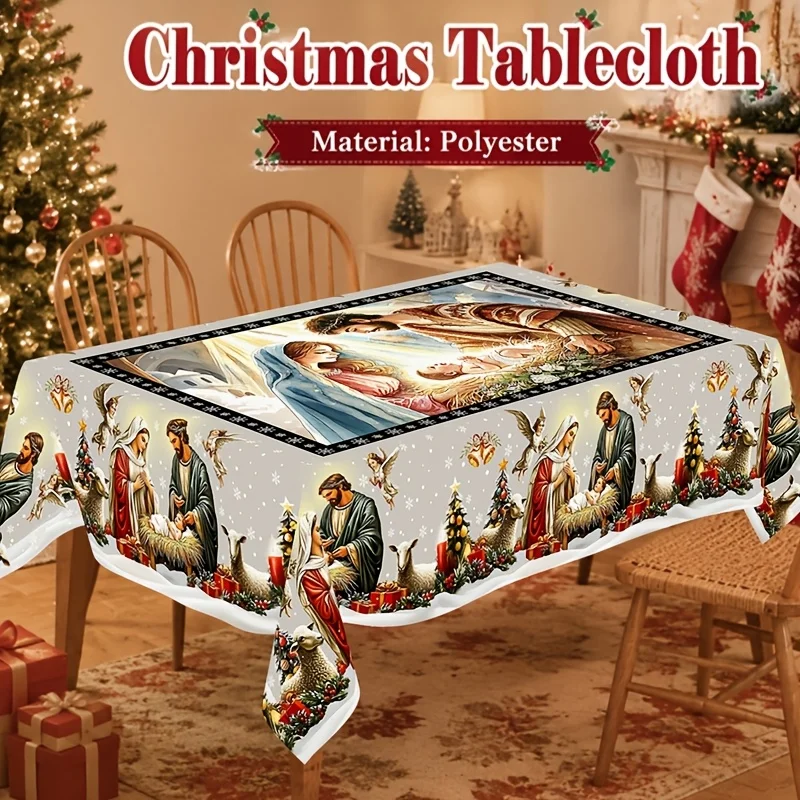 1 traditional European Christmas tablecloth for the dining room - nativity scene and angel tree design,