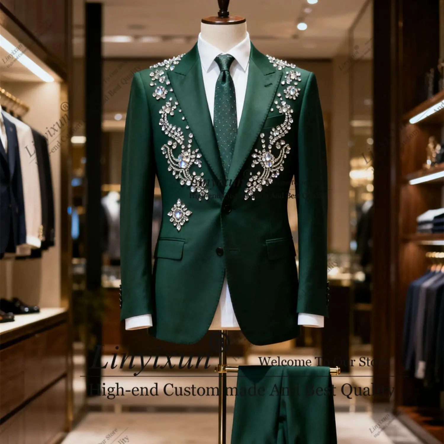 

Elegant Ornament Diamonds Men Suits 2 Piece Groom Male Blazers Customized Slim Fit Wedding Tuxedos Fashion Party Costume Homme