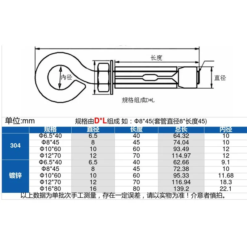 304 parafusos de âncora de parafuso de expansão de aço inoxidável anel ganchos âncoras de tijolo alvenaria de parede de concreto