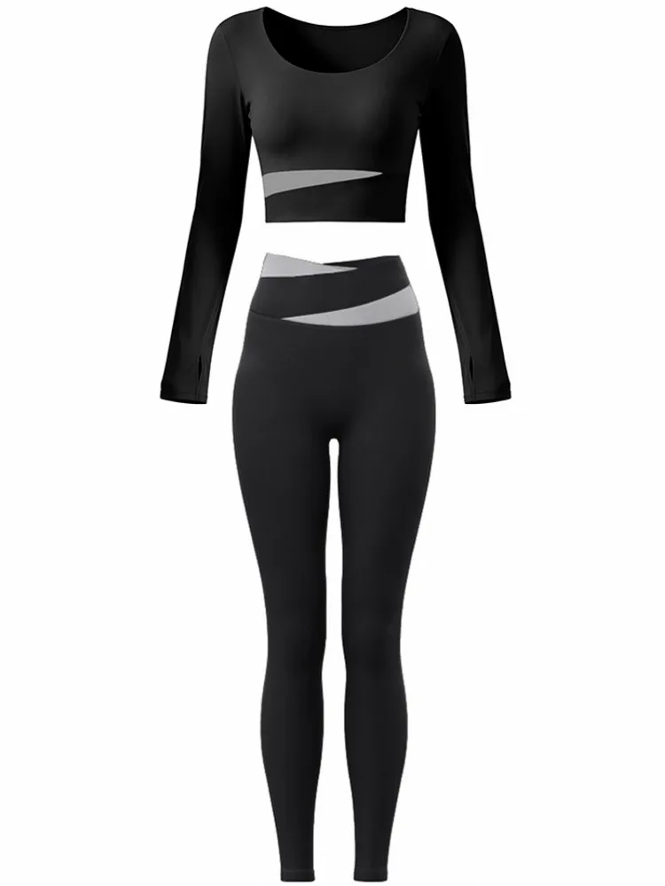 2 Piece Sets Women Quick-Dry Sports Set O-Neck Long Sleeve Top Pants Running Fitness Workout Athletic Wear Tracksuit Sportswear - view 4