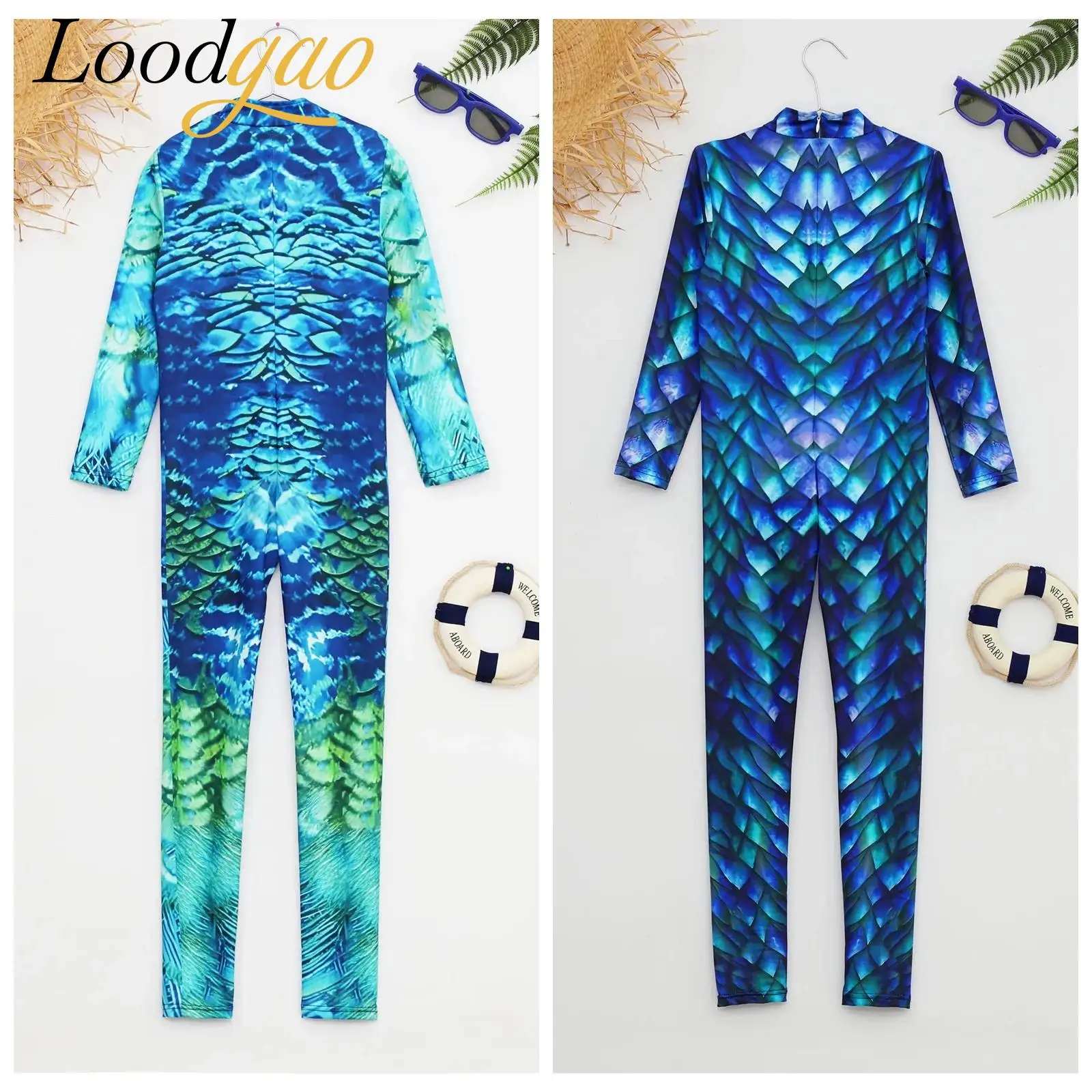 

Girls Fish Scale Leotard Roleplay Jumpsuits Long Sleeve Tights Print Front Zipper Bodysuit Children Cosplay Jumpsuit Costume